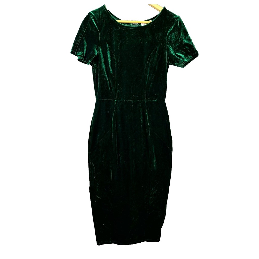 Unique Vintage Midi‎ Sheath Dress Womens M 6-8 Green Velvet Stretch Short Sleeve